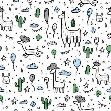 Seamless pattern of lama. Endless background in doodle style. Vector illustra 스톡 일러스트