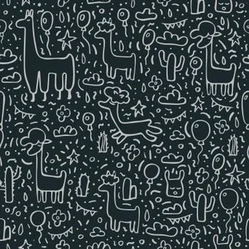 Seamless pattern of lama. Endless background in doodle style. Vector illustra 스톡 일러스트