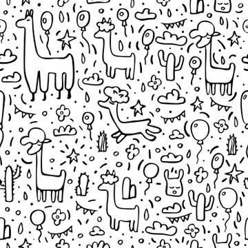 Seamless pattern of lama. Endless background in doodle style. Vector illustra 스톡 일러스트