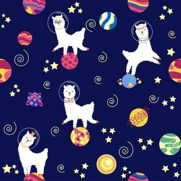 Seamless pattern with lama in a rocket, in space. Lama travels, adventures .. Stock Illustration