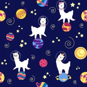 Seamless pattern with lama in a rocket, in space. Lama travels, adventures .. Stock Illustration