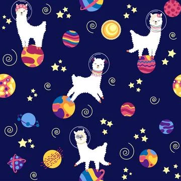 Seamless pattern with lama in a rocket, in space. Lama travels, adventures .. 스톡 일러스트