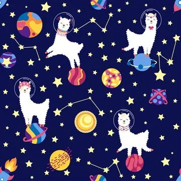 Seamless pattern with lama in a rocket, in space. Lama travels, adventures .. 스톡 일러스트