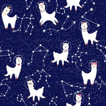 Seamless pattern with lama in a rocket, in space. Lama travels, adventures .. Stock Illustration