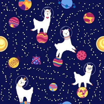 Seamless pattern with lama in a rocket, in space. Lama travels, adventures .. Stock Illustration
