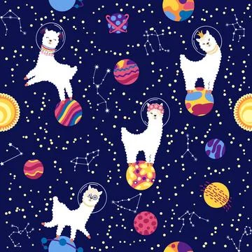 Seamless pattern with lama in a rocket, in space. Lama travels, adventures .. 스톡 일러스트