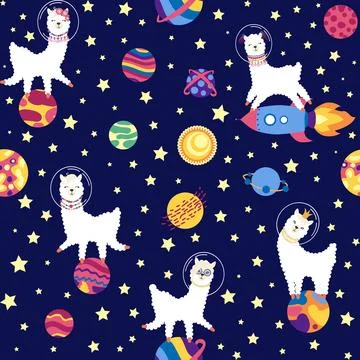 Seamless pattern with lama in a rocket, in space. Lama travels, adventures .. Illustrazione stock