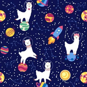 Seamless pattern with lama in a rocket, in space. Lama travels, adventures .. Stock Illustration