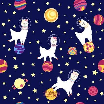 Seamless pattern with lama in a rocket, in space. Lama travels, adventures .. Stock Illustration