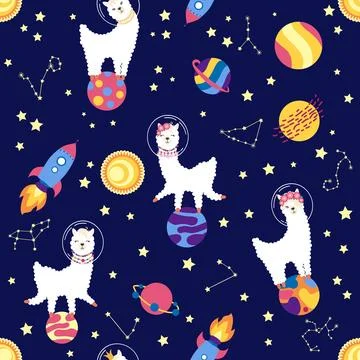 Seamless pattern with lama in a rocket, in space. Lama travels, adventures .. Stock Illustration