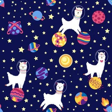 Seamless pattern with lama in a rocket, in space. Lama travels, adventures .. Stock Illustration