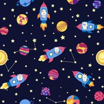 Seamless pattern with lama in a rocket, in space. Lama travels, adventures am Stock Illustration