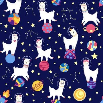 Seamless pattern with lama in a rocket, in space. Lama travels, adventures .. 스톡 일러스트