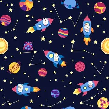 Seamless pattern with lama in a rocket, in space. Lama travels, adventures am Stock Illustration