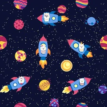 Seamless pattern with lama in a rocket, in space. Lama travels, adventures am Stock Illustration