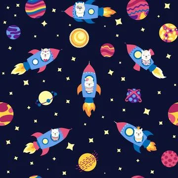 Seamless pattern with lama in a rocket, in space. Lama travels, adventures .. Stock Illustration