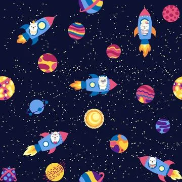 Seamless pattern with lama in a rocket, in space. Lama travels, adventures .. Stock Illustration