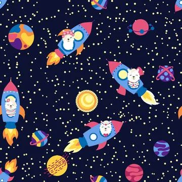 Seamless pattern with lama in a rocket, in space. Lama travels, adventures .. Stock Illustration