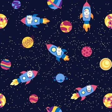 Seamless pattern with lama in a rocket, in space. Lama travels, adventures .. 스톡 일러스트