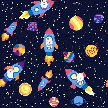 Seamless pattern with lama in a rocket, in space. Lama travels, adventures .. Stock Illustration