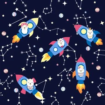 Seamless pattern with lama in a rocket, in space. Lama travels, adventures am Stock Illustration