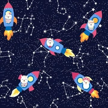 Seamless pattern with lama in a rocket, in space. Lama travels, adventures .. Stock Illustration