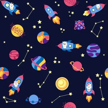 Seamless pattern with lama in a rocket, in space. Lama travels, adventures .. Stock Illustration