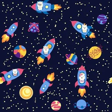 Seamless pattern with lama in a rocket, in space. Lama travels, adventures .. Stock Illustration