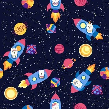 Seamless pattern with lama in a rocket, in space. Lama travels, adventures .. Stock Illustration