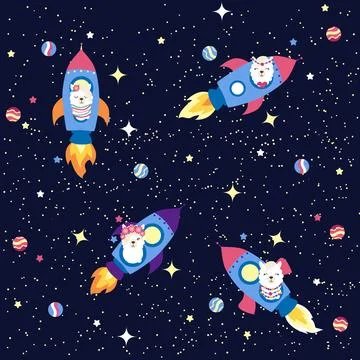 Seamless pattern with lama in a rocket, in space. Lama travels, adventures am Stock Illustration