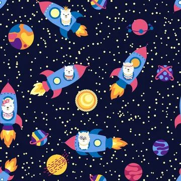 Seamless pattern with lama in a rocket, in space. Lama travels, adventures .. Stock Illustration