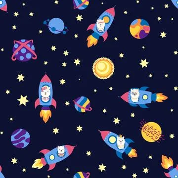 Seamless pattern with lama in a rocket, in space. Lama travels, adventures am Stock Illustration