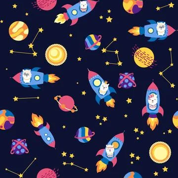 Seamless pattern with lama in a rocket, in space. Lama travels, adventures .. Stock Illustration