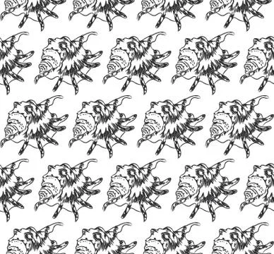 Seamless pattern Lambis spider conch Chicoreus aculeatus, large sea snail Uni Stock Illustration
