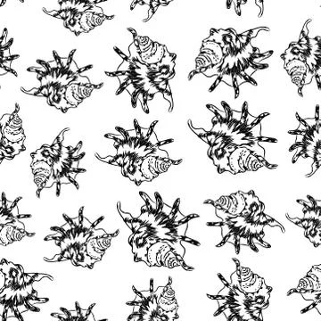 Seamless pattern Lambis spider conch Chicoreus aculeatus, large sea snail Uni Stock Illustration