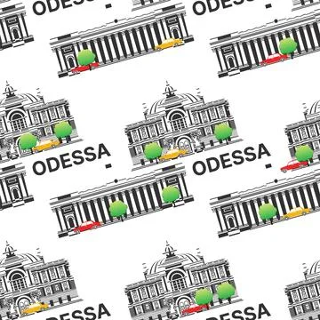 Seamless pattern with landmarks of Odessa. Odesa Opera and Ballet Theatre w.. Illustrazione stock