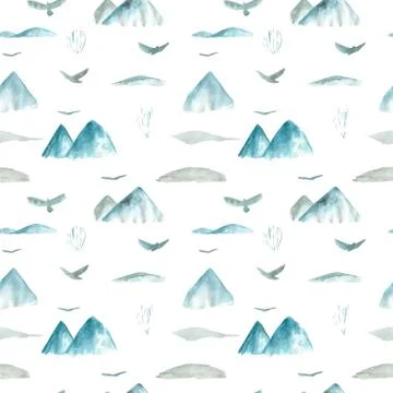 Seamless pattern Landscape misty mountains birds nature Watercolor hand painted Stock Illustration