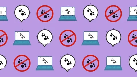 Seamless pattern of laptop, paw print, and no pets contact icons background Stock Footage 321884572