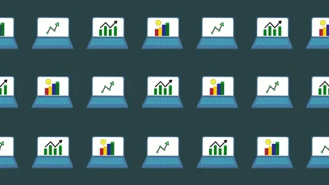 Seamless pattern of laptop screen with financial charts and trading icons Stock Footage 321665896