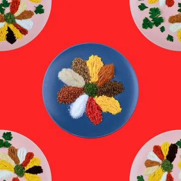 Seamless pattern. A large assortment of spices and herbs.it it's in the plate. C Stock Photos
