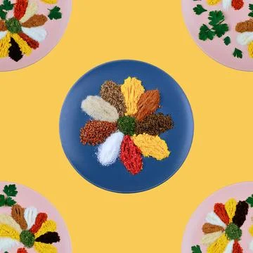 Seamless pattern. A large assortment of spices and herbs.it it's in the plate. C Stock Photos