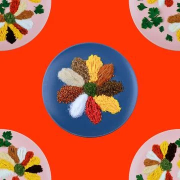 Seamless pattern. A large assortment of spices and herbs.it it's in the plate. C Stock Photos