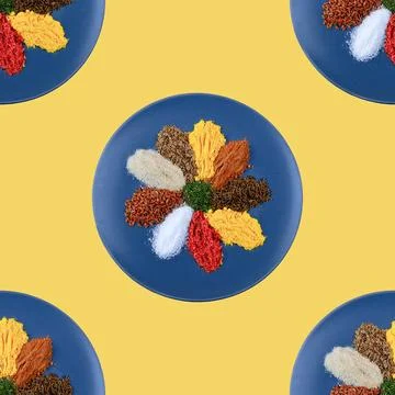 Seamless pattern. A large assortment of spices and herbs.it it's in the plate. C Stock Photos
