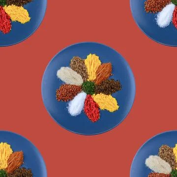 Seamless pattern. A large assortment of spices and herbs.it it's in the plate. C Stock Photos