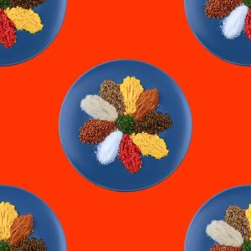 Seamless pattern. A large assortment of spices and herbs.it it's in the plate. C Stock Photos