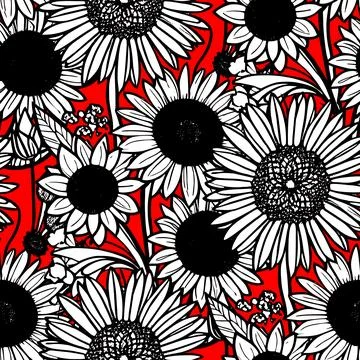 Seamless pattern of large black and white flowers on a red background, text.. Illustrazione stock