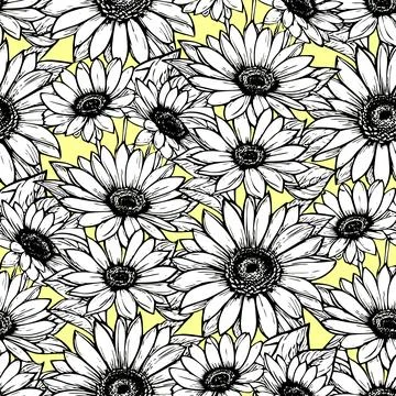 Seamless pattern of large black and white flowers on a yellow background, t.. Stock Illustration