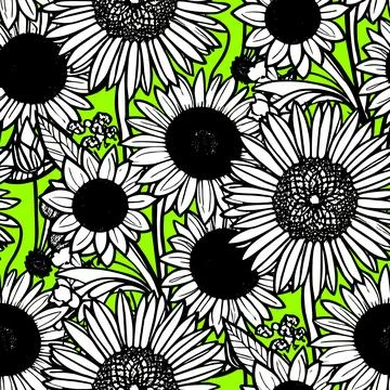 Seamless pattern of large black and white flowers on a green background, te.. Stock Illustration
