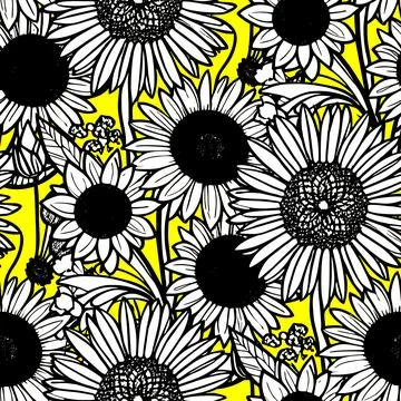 Seamless pattern of large black and white flowers on a yellow background, t.. Illustrazione stock