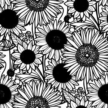 Seamless pattern of large black and white flowers on a white background, te.. Illustrazione stock